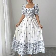 jianchaimaoyi02  Vestido casual/de trabajo de manga corta con cuello cuadrado y cintura ceñida en línea A con estampado para mujer - Multicolor - Ver 6