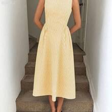 xuehuamaoyi02  X GALILEA  LUNE Vestido midi entallado en la cintura con pliegues, de cuello redondo y sin mangas, de tela de algodón a rayas, casual, elegante para el resort y uso diario para mujeres - Azul y blanco - Ver 5