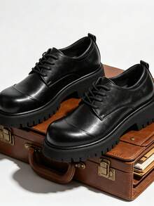 Herren Derby Schuhe mit dicker Sohle im Paar-Stil, runde Zehenpartie, Schnür-Loafer, Doppelgelenk, britischer Stil, Vintage-Leder-Schuhe, höhenverstärkende Lässig Schuhe, Arbeitskleidungs-Stil Stiefel - Schwarz - Übersicht 6