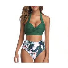 Bikini de cintura alta con estampado, tirantes al cuello y lazos, para mujer; bañador de dos piezas que estiliza la figura - hojas verdes y pantalones verdes - Ver 1