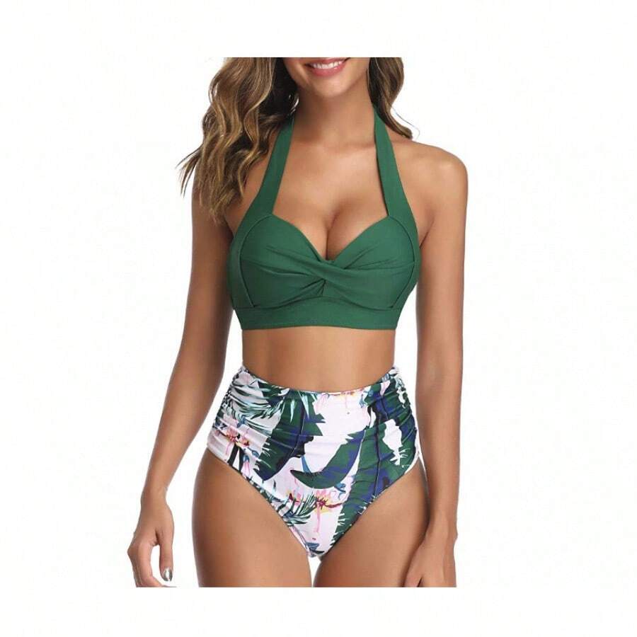 Bikini de cintura alta con estampado, tirantes al cuello y lazos, para mujer; bañador de dos piezas que estiliza la figura - hojas verdes y pantalones verdes - Ver 1