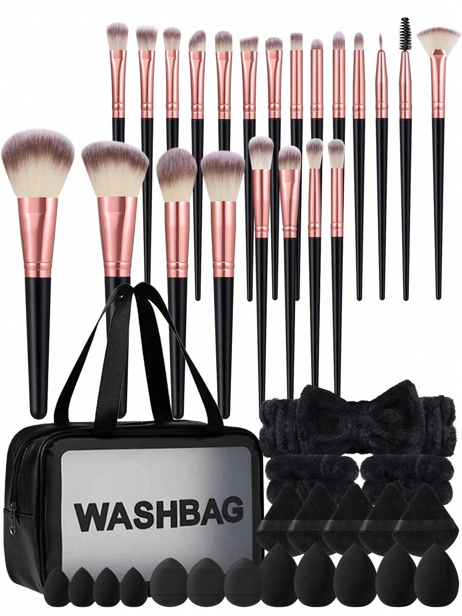 Juego de 9/13/47 piezas de brochas de maquillaje negras con esponjas de belleza, borlas de polvo y bolsa de lavado impermeable, kit de herramientas de maquillaje todo en uno para principiantes - Negro - Ver 1