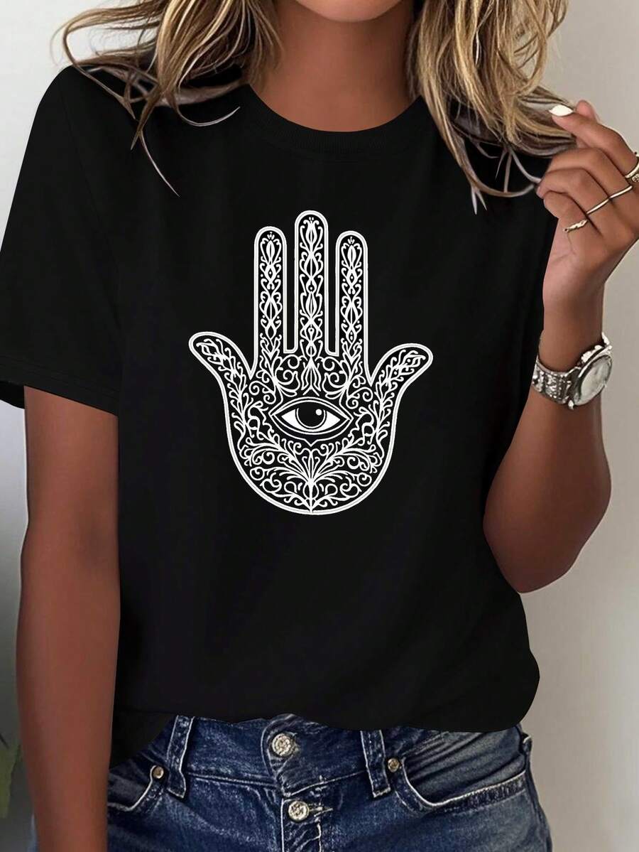 Women's T-Shirt With Hamsa Hand Symbol - 100% Soft Casual T-Shirt With Round Neck, Hamsa Hand And Evil Eye Design, White And Brown Geometric Pattern, Comfortable For All Seasons, Machine Washable And Suitable For Daily Wear, The Hamsa Hand Fits Like A Jewel (No Feeling Of Weight) - The Hamsa Hand, A Symbol Of Luck, Symbolizes Feminine Fashion And Spiritual Protection, Loose Fit With Intricate Lotus Style Hamsa Hand Design, Suitable For Various Casual Outfits. - 黑色 - 查看 1