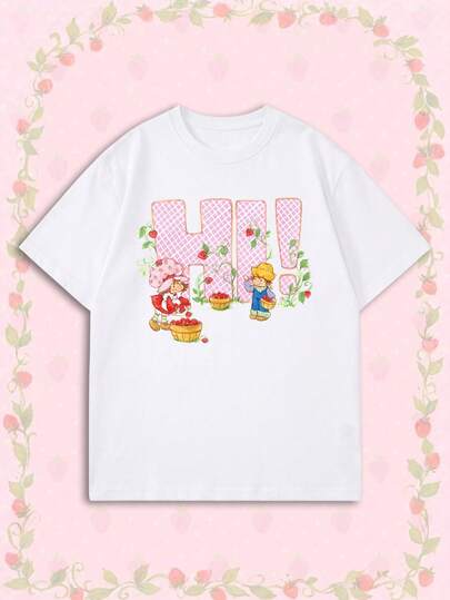 SHEIN X Strawberry Shortcake 女款夏季T恤，可愛「Hi!」印花寬鬆休閒短袖，適合日常穿搭與甜美女孩風，白色