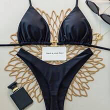 2026 New High-End Solid Color Halter Neck Triangle Cup Bikini Sexy Push-Up Two-Piece Beach Swimsuit Exclusive Supply - 黑色 - 查看 5