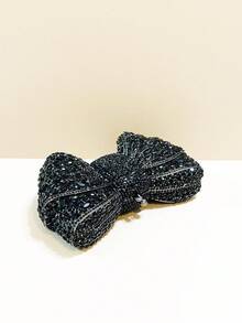 Elegant Luxurious Silver/Red/Black/Gold Bow-Shaped Crystal Evening Clutch, Fully Handmade Rhinestone Bow Design Handbag, Diamond Handbag - Black - View 9
