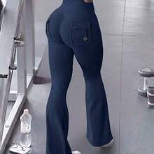 Pantalones cargo con estiramiento alto que levantan el trasero, con bolsillos, adecuados para ejercicios de glúteos, deportes y fitness, con cintura ancha de talle alto y pernera acampanada, para mujer, primavera - Albaricoque - Ver 2