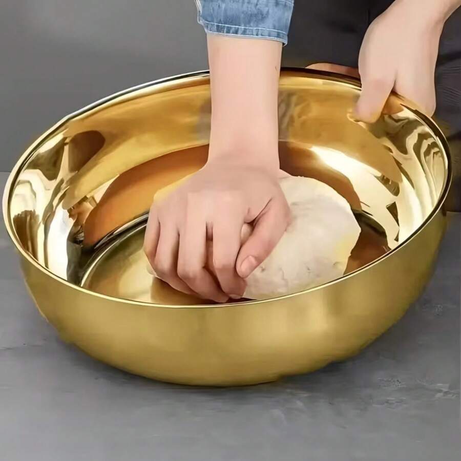 Stainless Steel Bowl With Luxurious Gold And Silver Luster, Perfect For Kneading Dough, Washing Vegetables, Preparing Salads, Serving Fruit And Cooking Soup, Ideal For Kitchen And Restaurant