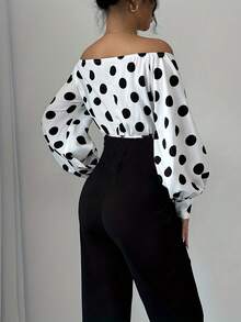 Elegant Women's Off-Shoulder Blouse With Polka Dots And Front Bow - Puff Sleeves, Round Neck, White, Machine Washable, Ideal For Casual Or Semi-Formal Wear In All Seasons - 彩虹般的色彩 - 查看 2