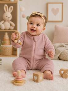 Children's Fleece Jumpsuit In Warm Pink With Front Zipper Opening - 乾枯玫瑰色 - 查看 2