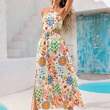 xuehuamaoyi02  Vestido holgado sin espalda con estampado romántico de vacaciones casuales de verano para mujer - Azul y blanco - Ver 10