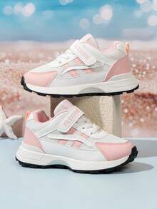 1 par de zapatillas deportivas de malla con cierre de gancho y bucle para niñas, diseño de bloques de color blanco y rosa, lindas, fáciles de poner y quitar, para uso diario, primavera, verano y otoño (talla única talla grande pequeña) - Rosa - Ver 3