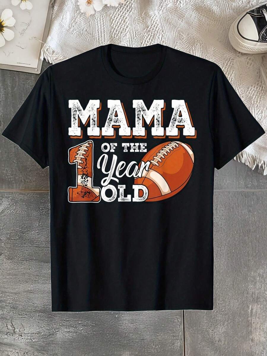 First Birthday Party T-Shirt For A 1-Year-Old Soccer Player Mom, 100% Cotton, Soft And Comfortable, Crew Neck, Short Sleeve, Gift For Women, Dad, Mom, Friends, Sizes S-XXXL, Black, Suitable For Casual Daily Wear, Travel And Parties, 100% Cotton Mom T-Shirt - 黑色 - 查看 1