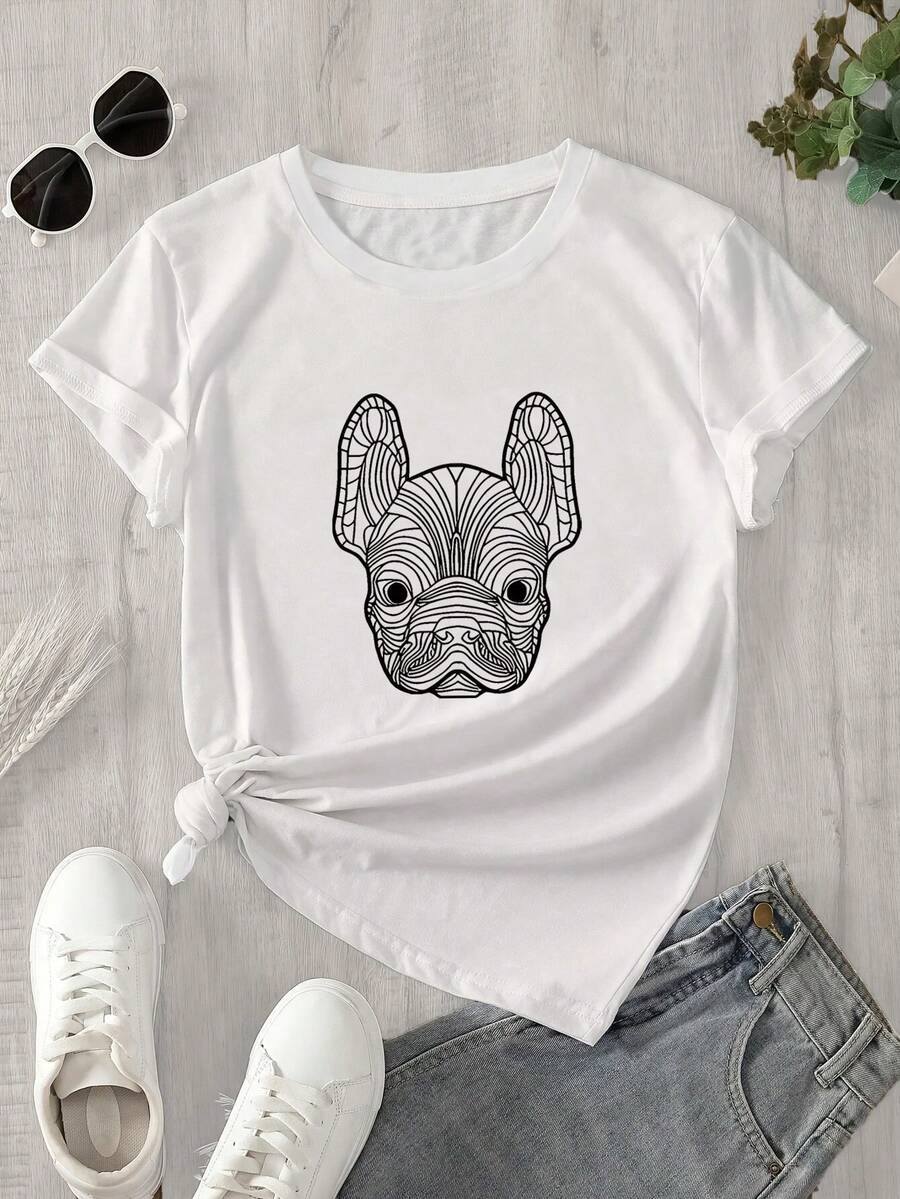 Top de mujer de manga corta y cuello redondo con estampado de bulldog francés, apto para todas las estaciones. - Blanco - Ver 1