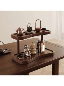 1pc Vintage Solid Wood Desktop Organizer, Double Layer Storage, High-End Multifunctional Shelf, Tea Cup Water Cup Coffee Cup Holder, Kitchen Storage Rack, Spice Rack, Cosmetic Organizer, Home Decor And Display Shelf, Suitable For Kitchen - Multicolor - View 4