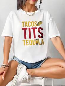 New Spring/Summer 2026 Fashion Short-Sleeve T-Shirt, Made In Mexico, 200g. 100% Cotton. Fun Graphic Tee With A Taco And Tequila Design, Cartoon Print, Suitable For Couples, Perfect For Layering Or Wearing Alone. Crew Neck, Versatile And Unisex. Suitable For Both Office And Casual Occasions. Individually Packaged. The Perfect Short-Sleeve T-Shirt For Summer. - 白色 1 - 查看 1