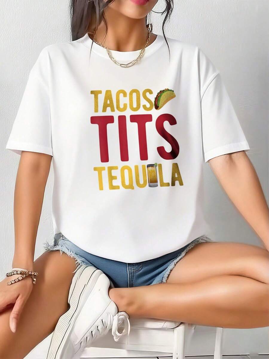 New Spring/Summer 2026 Fashion Short-Sleeve T-Shirt, Made In Mexico, 200g. 100% Cotton. Fun Graphic Tee With A Taco And Tequila Design, Cartoon Print, Suitable For Couples, Perfect For Layering Or Wearing Alone. Crew Neck, Versatile And Unisex. Suitable For Both Office And Casual Occasions. Individually Packaged. The Perfect Short-Sleeve T-Shirt For Summer. - 白色 1 - 查看 1