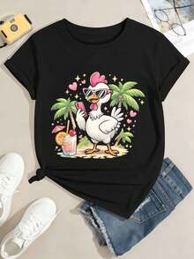 Lustiges Hühner-T-Shirt für Sommer und Herbst, Premium-Baumwolle, Grafikdesign, l?ssig, atmungsaktiv, Neuheit - Schwarz - Übersicht 2