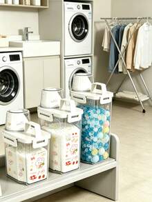 1pc/Theme Laundry Detergent Storage Box - Multi-Functional Storage Container, Can Store Laundry Powder, Laundry Beads, Etc. - Suitable For Kitchen Pantry, Laundry Room, Bathroom And Home Storage - Great Holiday Gift, Laundry Storage Organizer Helper, Comes With Two Cat Sticker Patterns On The Outside. - White - View 7