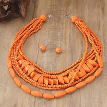 Bộ 2 món vòng cổ và bông tai phong cách Bohemian màu đỏ hồng trơn vân gỗ xếp lớp, phụ kiện đa năng cho đi làm hàng ngày và hẹn hò - Xanh đậm - Xem 14