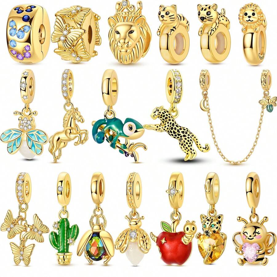 1Pc 18K Gold Plated Animals Insects Collection Lion Tiger Leopard Chameleon Horse Firefly Beetle Butterfly Dangle Charm Suitable For Bracelet Necklace Pendant Beads For Diy Jewellery Making Close To Nature Special Gift For Women Girl - Gold - View 1