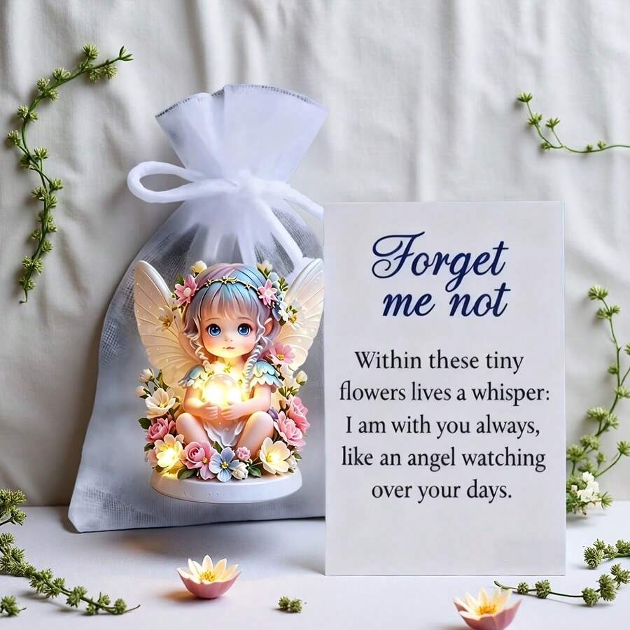 2D Fairy Flower Angel Pocket Hug Statue Ornament, 2D Fairy Girl Flower Angel With Emotional Encouragement Card And Osha Root Pocket, Hug Token, Commemorative Fairy Angel Suitable For Room Decor, Home Decor, Office Decor And Best Memorial Gift For Family And Friends - 2D Statue + Card + Pocket - View 1
