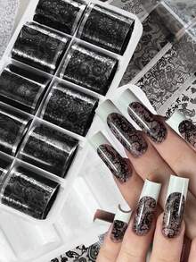 10 Rolls 2.5*50cm Black & White Lace Flower Nail Art Transfer Foils Stickers, Elegant Sexy Floral Nail Art Transfer Foil Starry Sky Decals For DIY Manicure, Nail Supplies, Nail Decoration - Multicolor - View 6