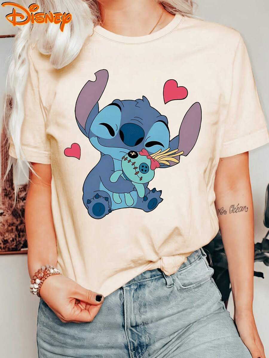Disney Stitch Lilo & Stitch Graphic Tee, Women's Cotton Blend Short Sleeve Crew Neck T-Shirt, Cute Alien Loose Fit Summer Top For Daily Wear - 杏色 - 查看 1