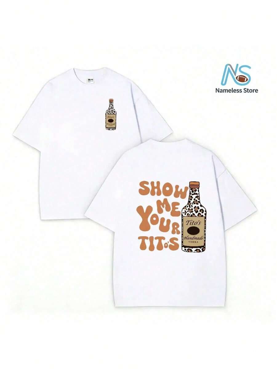 2026 Summer New Leopard Collection Print Elements, SHOW ME YOU TITOS Humorous Text Memes, Women's  Washed Double-Sided Printed Vintage T-Shirt, Women's T-Shirt,Durable And Comfortable Fabric, Street Fashion Sense,Suitable For Daily Commuting Daily Casual T-Shirt - 白色 - 查看 1