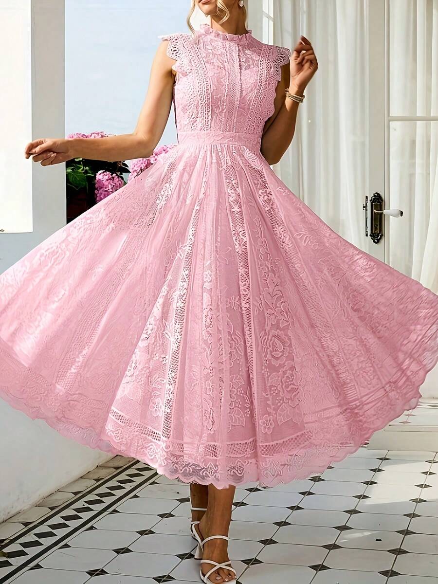 Women's Wedding Guest Dress, New And Elegant Fan-Shaped Lace Flared Dress, Retro Sleeveless Lace Dress, Suitable For Wedding Bridesmaid Dress, Evening Party, Casual Romantic Dates - 象牙白色 - 查看 1