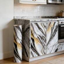 1 Roll Black Grey Marble Texture Kitchen Decorative Sticker, Peel And Stick Self-Adhesive Wallpaper, Suitable For Cabinets, Countertops, Desktops - Easy To Install, Removable, Suitable For Kitchen, Bedroom, Living Room Home Decor, Modern Popular Marble Style Renovation - Black and Gray Marble - View 3