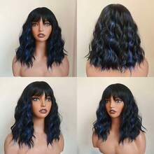 14" Brown Ombre Short Curly Bob Wig With Bangs For Women - Matte Heat-Resistant Fiber | Breathable Rose Net | Women Christmas Holiday Daily Wear - 挑染藍色 - 查看 6