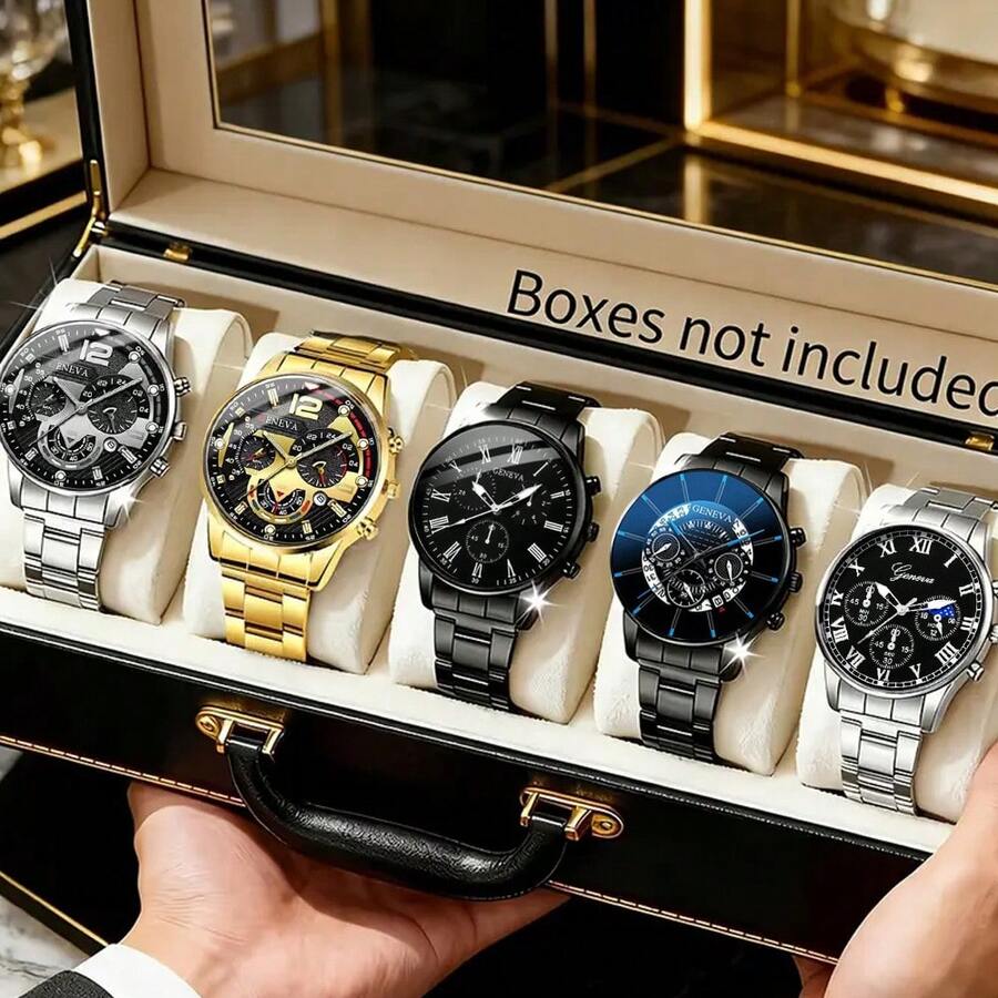 3pcs Fashionable And Versatile Men's Steel Strap Quartz Watch, Paired With Lion Crown Bead Bracelet Set, Suitable For Business, Parties, And Daily Wear, The Best Gift For Men. - Multicolor - View 1