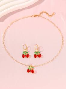 3pcs/Set Girls Cute Cherry Pendant Necklace & Earrings Set, Suitable For Daily Decoration - Red - View 6