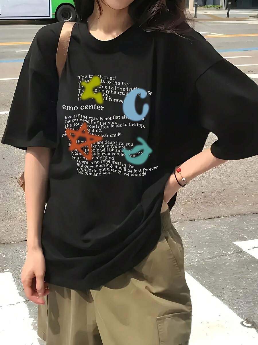 Unisex Cotton T-Shirt, Comfortable Urban Style, Modern Graphic Design, Colorful Alternative Casual Versatile Lightweight, Perfect For Young People, Size M/L/XL, Black, Young Fashion - 黑色 - 查看 1