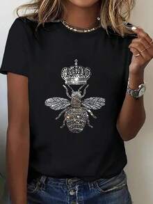 1 Piece, Bee Crown Print T-Shirt, Women's Short Sleeve Crew Neck T-Shirt, Spring And Summer, Breathable, Casual, Sporty, Holiday Gift. Very Good Quality. Enhances The Look. New Model 2026 V4WA - 黑色 - 查看 1