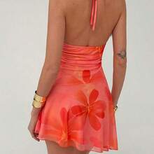 LunaCass8  Vestido mini con estampado floral y cuello halter con lazo, adecuado para vacaciones, citas y salidas - Rosa Pálido - Ver 3