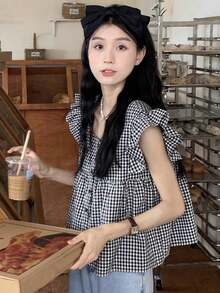 女款格紋方領短袖上衣，夏季黑色 - 黑色 - 查看 2