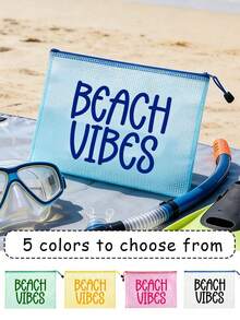 Bolsa de cosméticos de malla impermeable con estampado BEACH VIBES, bolsa de playa de tela de malla multicolor de moda, tema de playa. Bolsa de maquillaje de malla transparente con cremallera de nylon de gran capacidad, organizador de artículos de tocador de viaje ligero, bolsa de almacenamiento portátil para guardar protector solar, cuidado de la piel, herramientas de belleza, aperitivos, bikinis & artículos esenciales de playa, almacenamiento de primavera & verano - Multicolor - Ver 2