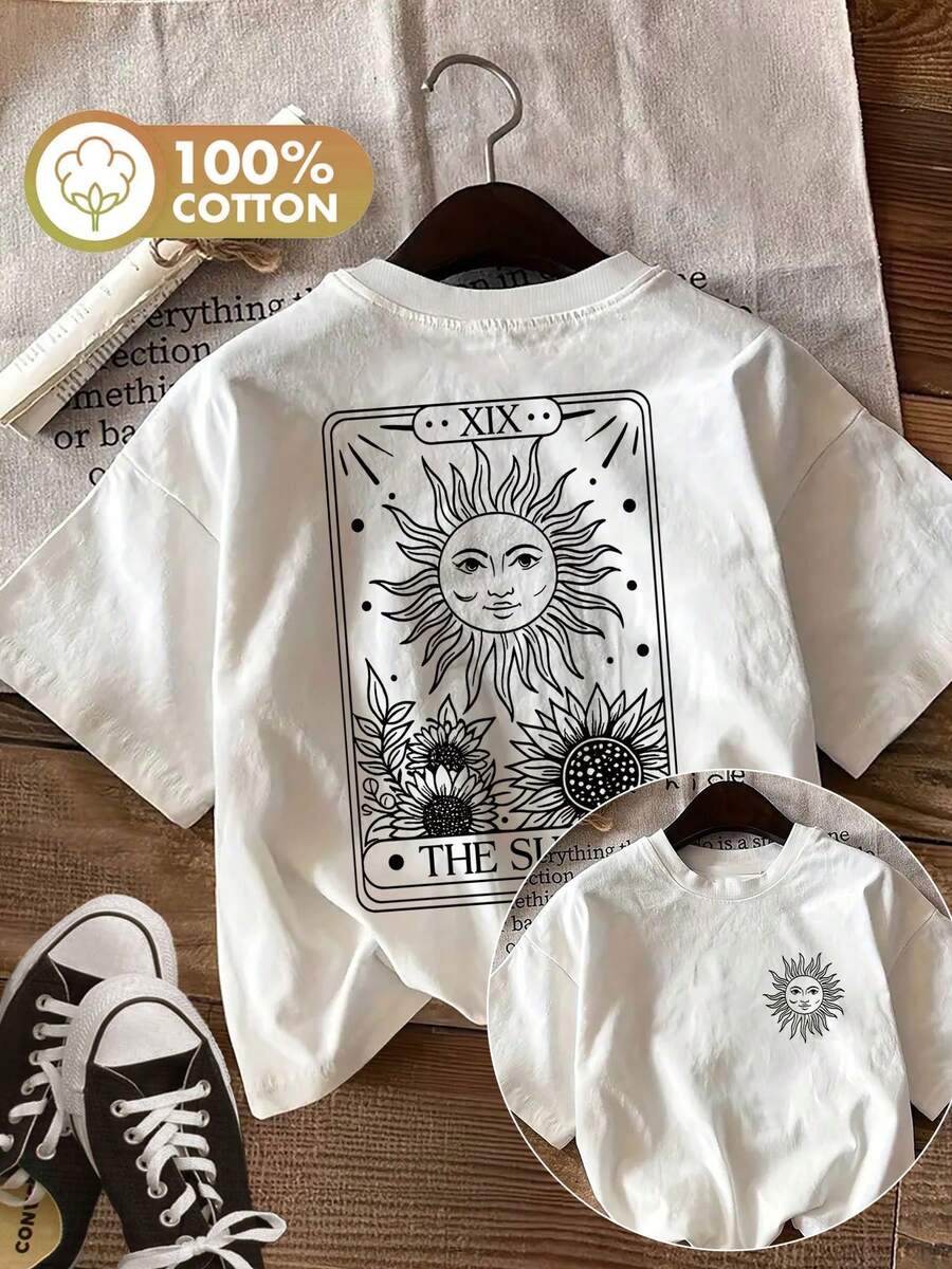 Minimalist. 100% Cotton. Graphic Print T-Shirt, Short Sleeve, Crew Neck, Casual Top For Summer And Spring, Women's Clothing. Spring/Summer Top. - 白色 - 查看 1