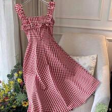 yonghongmaoyi1  Vestido midi de línea A con tirantes de espagueti a cuadros rojos, casual y de vacaciones para mujer, primavera/verano - Rojo y blanco - Ver 3
