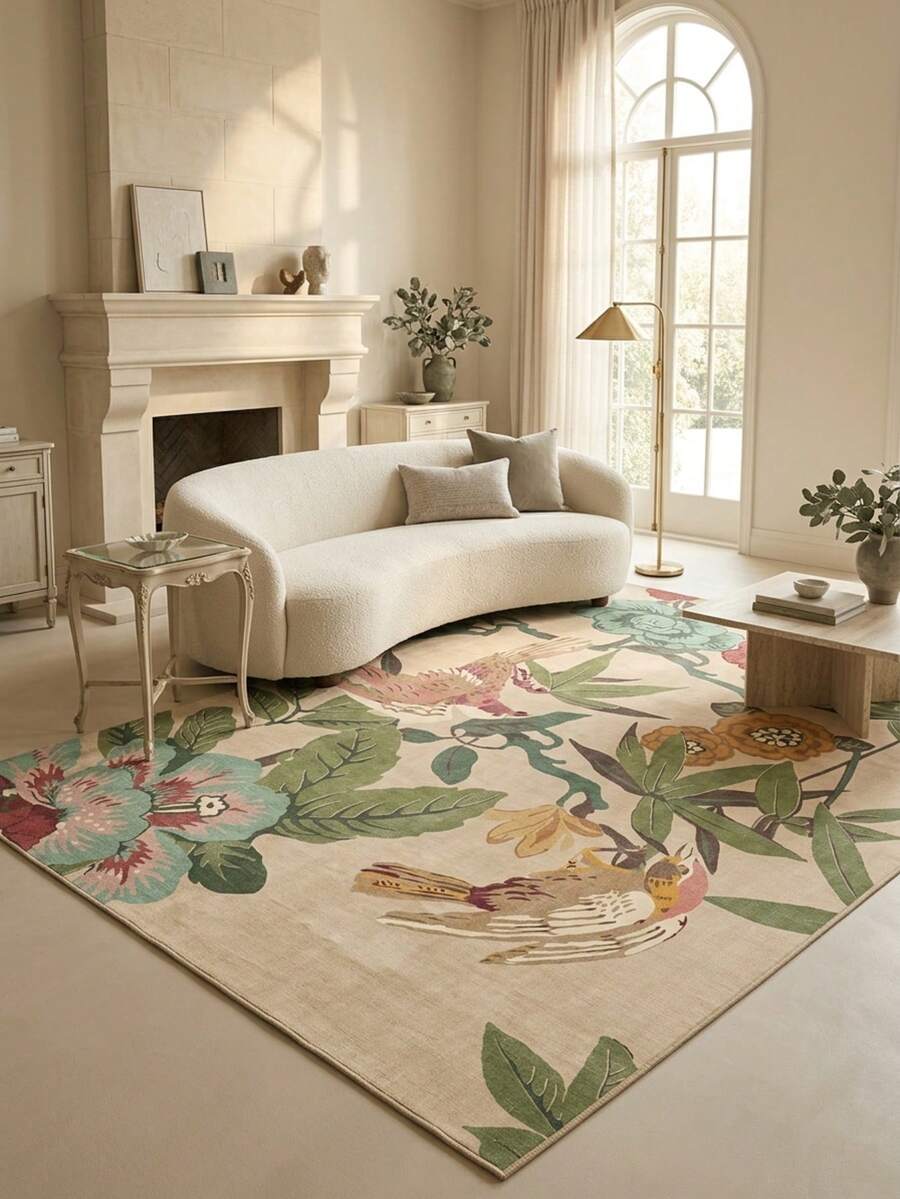 1pc Floor Mat Carpet (Rug, Carpet, Area Rug, Bath Mat, Bath Rug, Door Mat), Modern Aesthetic Southeast Asian Style Floral And Bird Pattern Fresh Design - Soft Faux Cashmere Carpet, Bathroom, Kitchen, Entrance, Hallway, Bedside, Living Room, Bedroom, Etc., All Season Use Machine Washable Floor Mat, Home Decor - Multicolor - View 1
