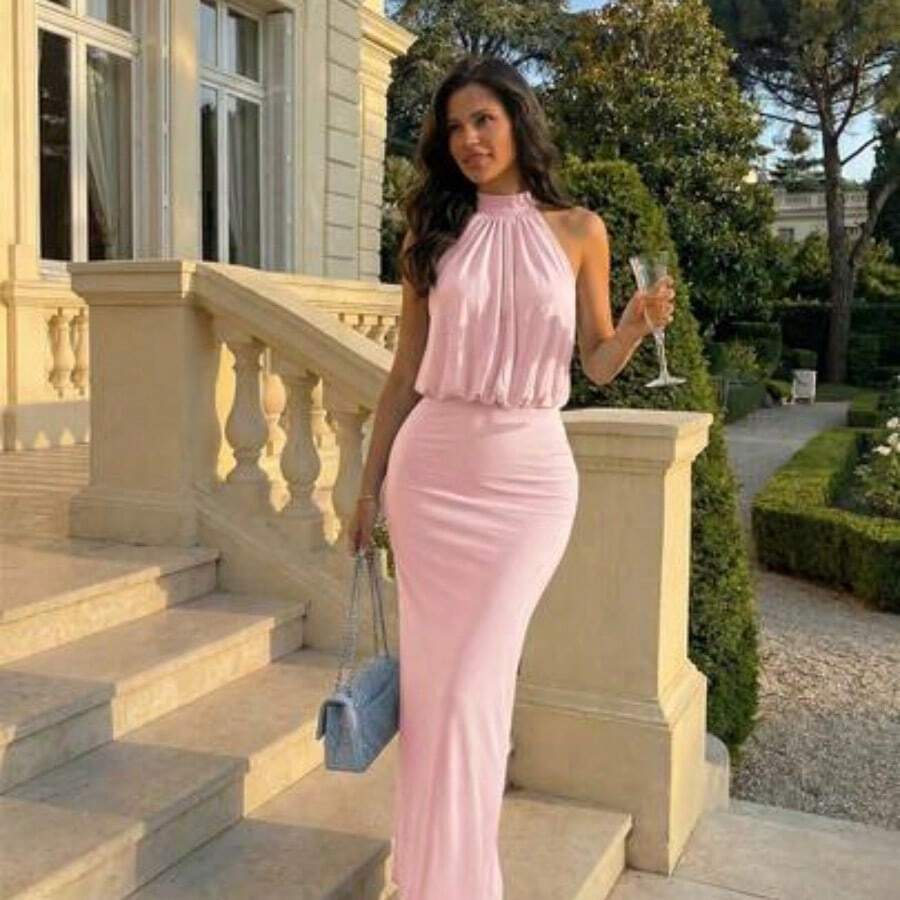 LunaCass8 Vestido elegante y digno de invitada de boda con elástico, vestido largo fruncido de cuello halter con tela brillante - Rosa Pálido - Ver 1