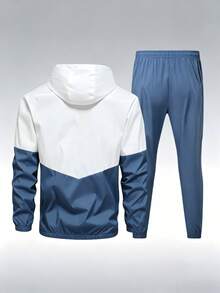 Men's Spring/Autumn Colorblock 2-Piece Sports Set | Hooded Zip-Up Jacket + Drawstring Cuffed Pants, Compass Print Casual Outdoor Outfit - Blue - View 2