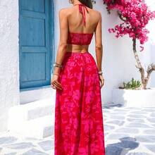 xuehuamaoyi02  Vestido holgado sin espalda con estampado romántico de vacaciones casuales de verano para mujer - Azul y blanco - Ver 3