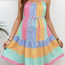 WNSS  Vestido corto casual de maternidad con tirantes finos y diseño de rayas multicolor para mujeres embarazadas - Multicolor - Ver 8