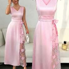 xuehuamaoyi02  Vestido elegante sin mangas con decoración floral 3D en escote en V para mujer - Rosa - Ver 1