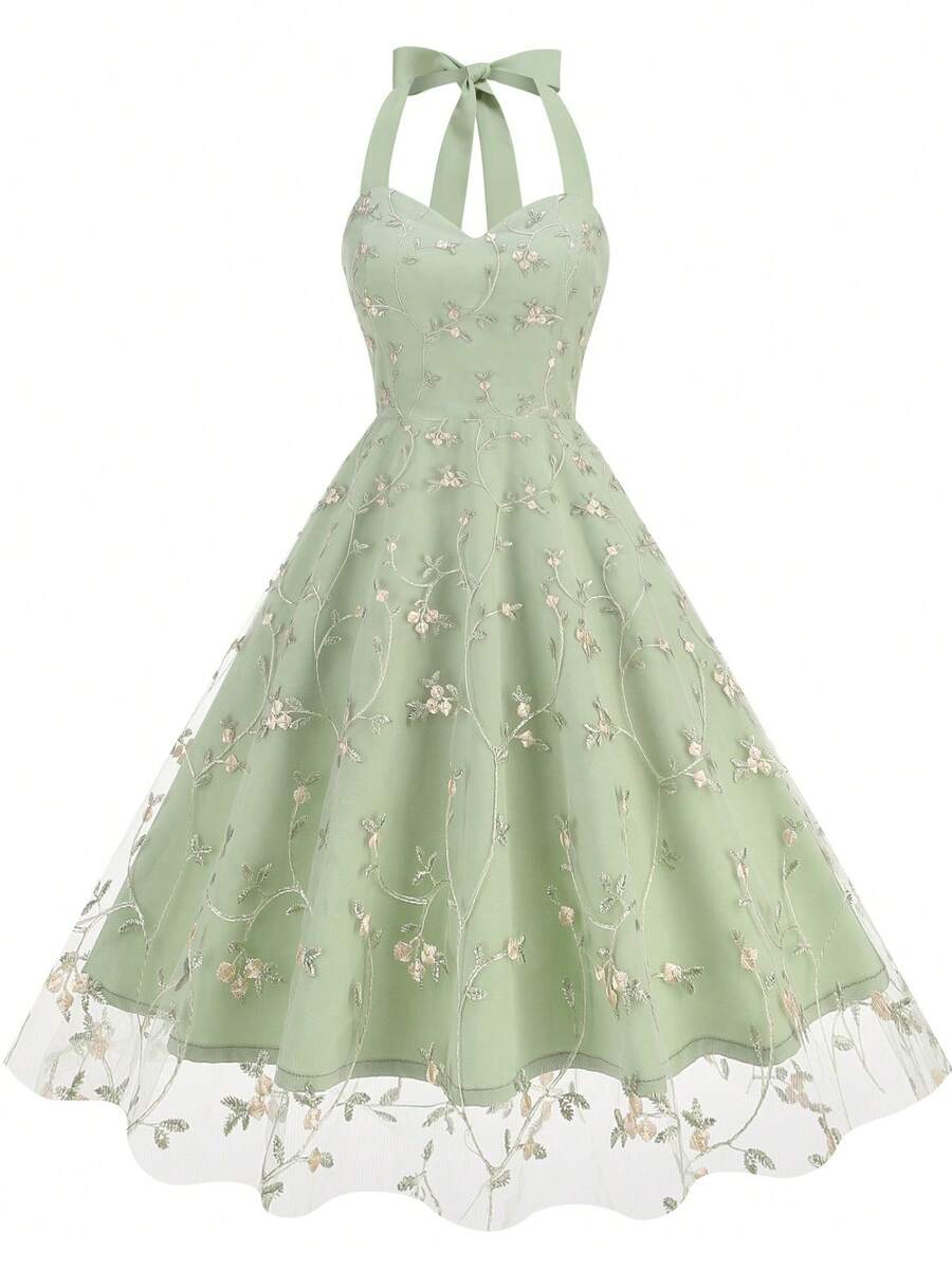 New Tulle Strappy Gala Dress With Embroidery - Green - View 1