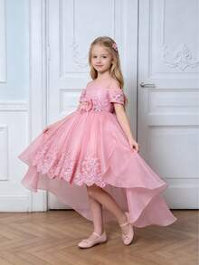 Young Girls 3D Floral Lace Luxurious Flower Girl Dress, Heavy Beaded Organza Runway Princess Gown, Headband Not Included - Dusty Pink - View 2