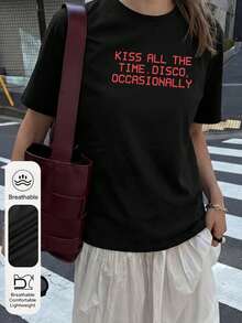 Camiseta Casual de Mujer con Estampado de Besos, Cuello Redondo y Manga Corta, Adecuada para Uso Diario y Fiestas Ocasionales, Color Negro de Verano - Negro - Ver 1